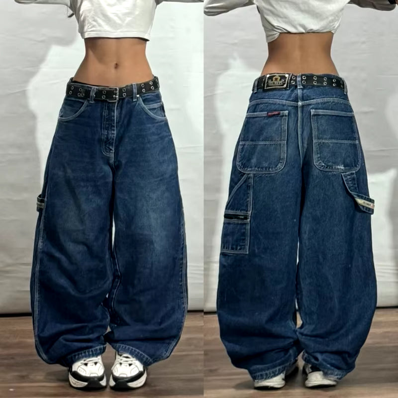 Streetwear New Fashion Multi-Pocket Old Washed Baggy Jeans Women Y2K Harajuku Vintage Gothic Casual High Waist Wide Leg Pants