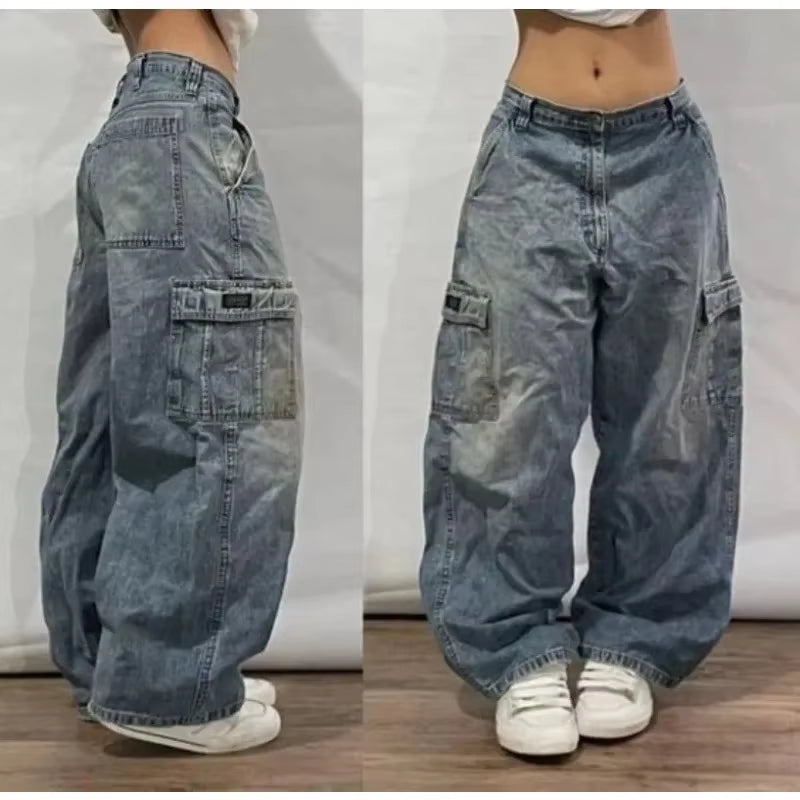 Streetwear New Fashion Multi-Pocket Old Washed Baggy Jeans Women Y2K Harajuku Vintage Gothic Casual High Waist Wide Leg Pants