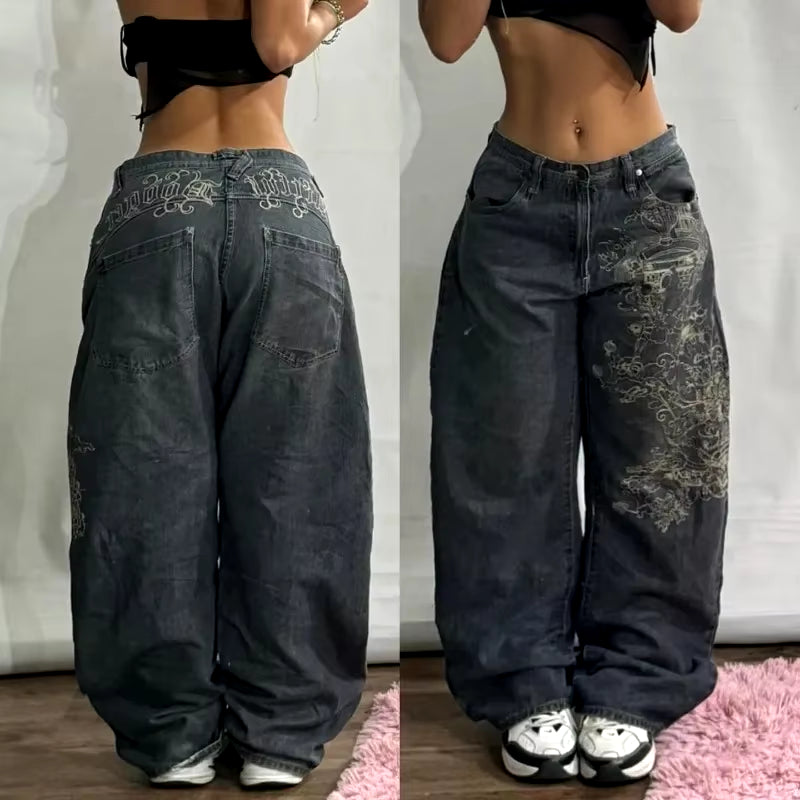 Streetwear New Fashion Multi-Pocket Old Washed Baggy Jeans Women Y2K Harajuku Vintage Gothic Casual High Waist Wide Leg Pants