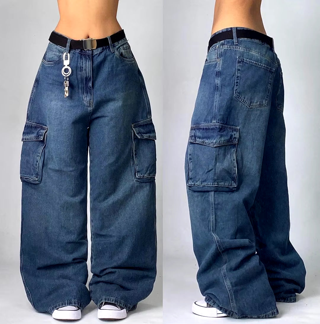 Streetwear New Fashion Multi-Pocket Old Washed Baggy Jeans Women Y2K Harajuku Vintage Gothic Casual High Waist Wide Leg Pants