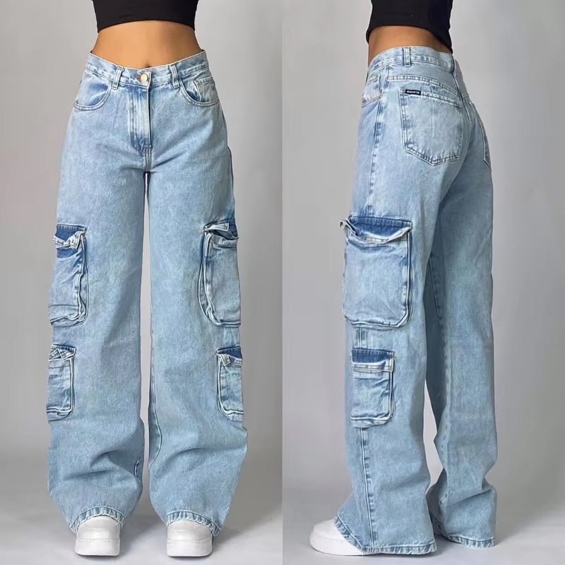 Streetwear New Fashion Multi-Pocket Old Washed Baggy Jeans Women Y2K Harajuku Vintage Gothic Casual High Waist Wide Leg Pants