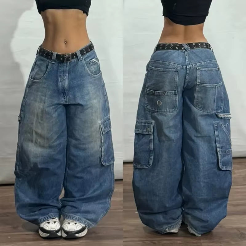 Streetwear New Fashion Multi-Pocket Old Washed Baggy Jeans Women Y2K Harajuku Vintage Gothic Casual High Waist Wide Leg Pants